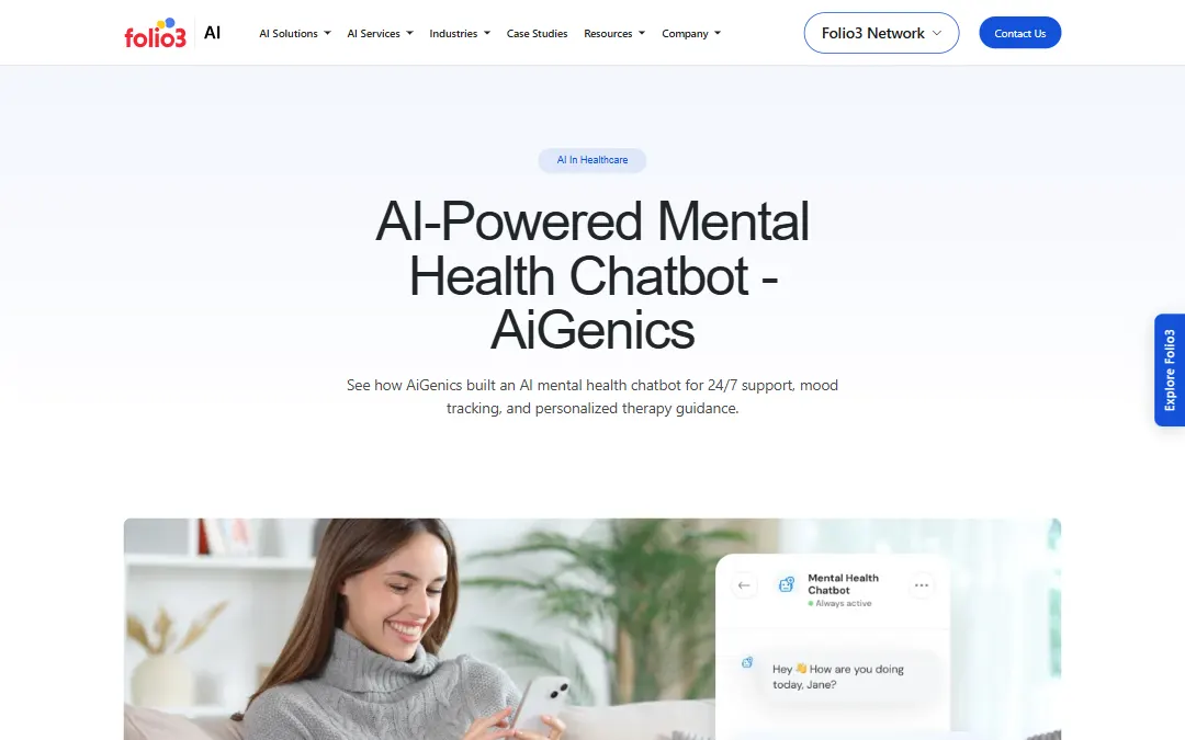 Screenshot of the AiGenics — AI Mental Health Chatbot website