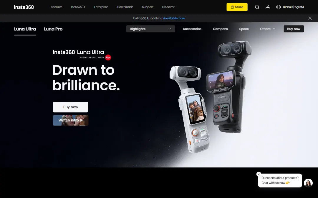 Screenshot of the Insta360 Luna Ultra website