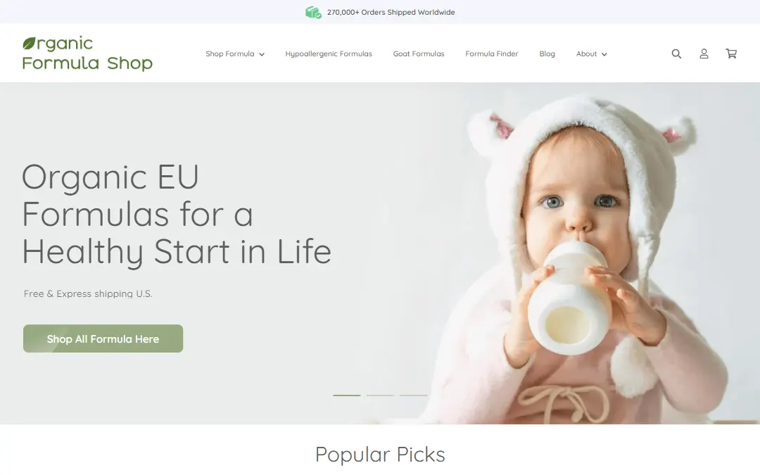 Screenshot of the Organic Formula Shop website